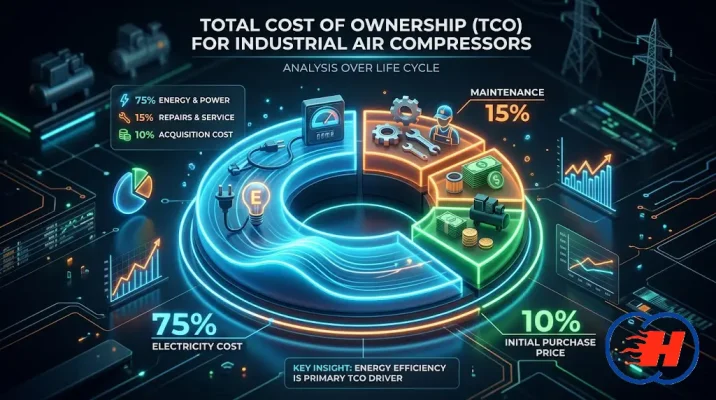 نمودار TCO و سهم مصرف برق در هزینه کل مالکیت کمپرسور اسکرو صنعتی
